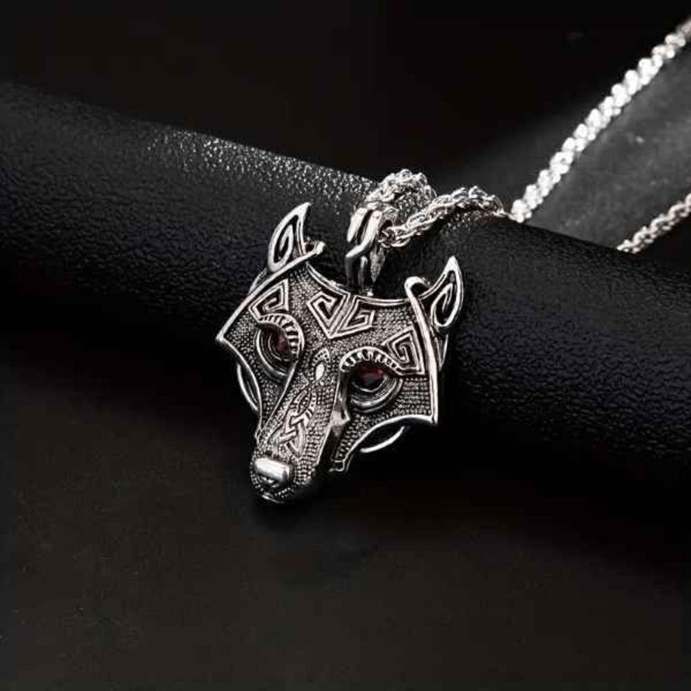 Viking Fenrir Wolf Head Stainless Steel Ruby Eye Pendant Necklace